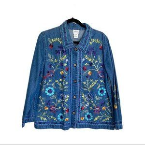 Vintage Floral Embroidered Denim Long Sleeve L